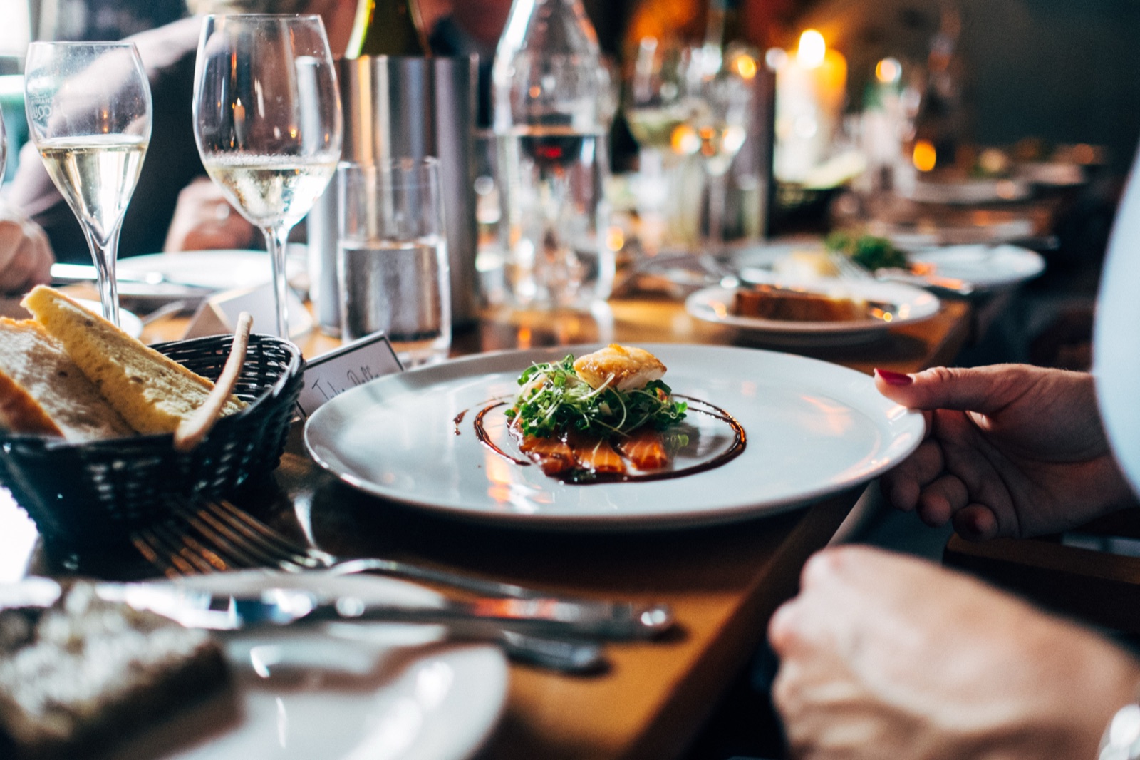 A beautifully plated meal with wine, used as dining atmosphere photography